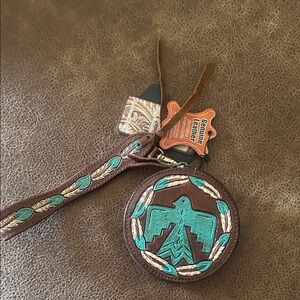 American Darling Brown Turquoise Tooled Leather Wristlet Tag